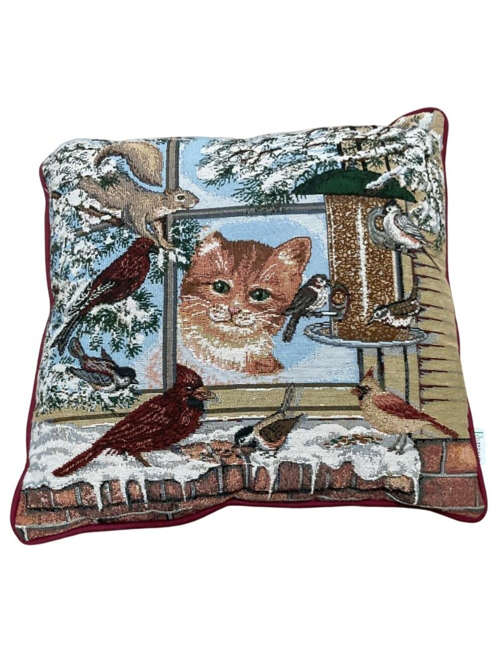 Vtg Riverdale Tapestry Pillow Cat Cardinal Squirrel Bird Feeder Decorative 16x16